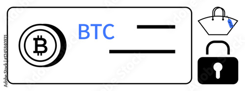 Bitcoin coin icon and BTC text inside a wallet outline, accompanied by a shopping bag and lock. Ideal for e-commerce, finance, security, digital currency, online transactions, blockchain, fintech