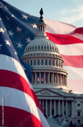 US Flag and Capitol. Washington D.C.