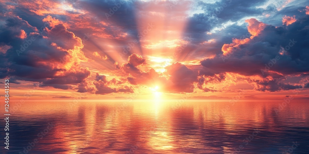 Vibrant sunset with rays illuminating dramatic clouds above tranquil water surface reflecting shades of orange pink and blue in the sky Vibrant sunset with rays illuminating dramatic clouds above tranquil water surface reflecting shades of orange pink and blue in the sky