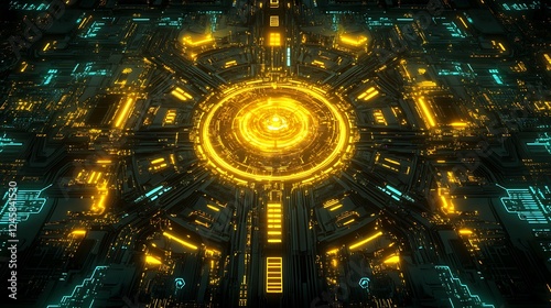 An intricate 2D futuristic circuit board illustration with glowing yellow and turquoise pathways radiating from a central luminous hub.