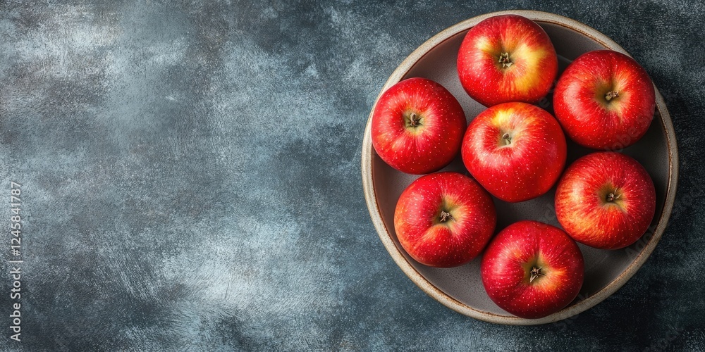 Bowl of bright red apples arranged neatly on a wooden plate against a dark textured background with ample space for text on the right side Bowl of bright red apples arranged neatly on a wooden plate against a dark textured background with ample space for text on the right side