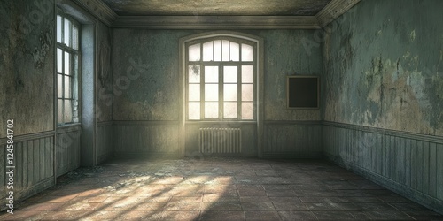 Abandoned room interior with peeling green walls, bare windows, and sunlit dusty floor creating a somber, desolate atmosphere.