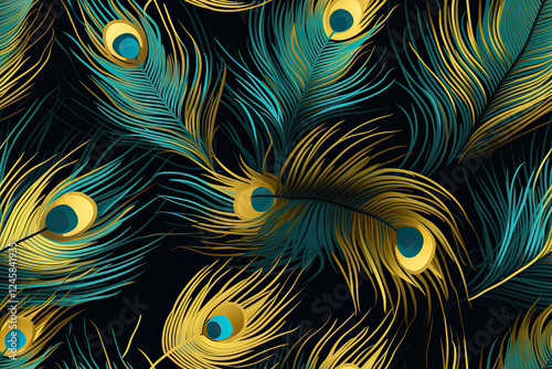 Elegant Peacock Feather Pattern in Teal and Gold