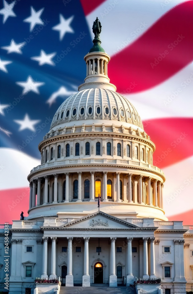 Fototapeta premium US Flag and Capitol. Washington D.C.