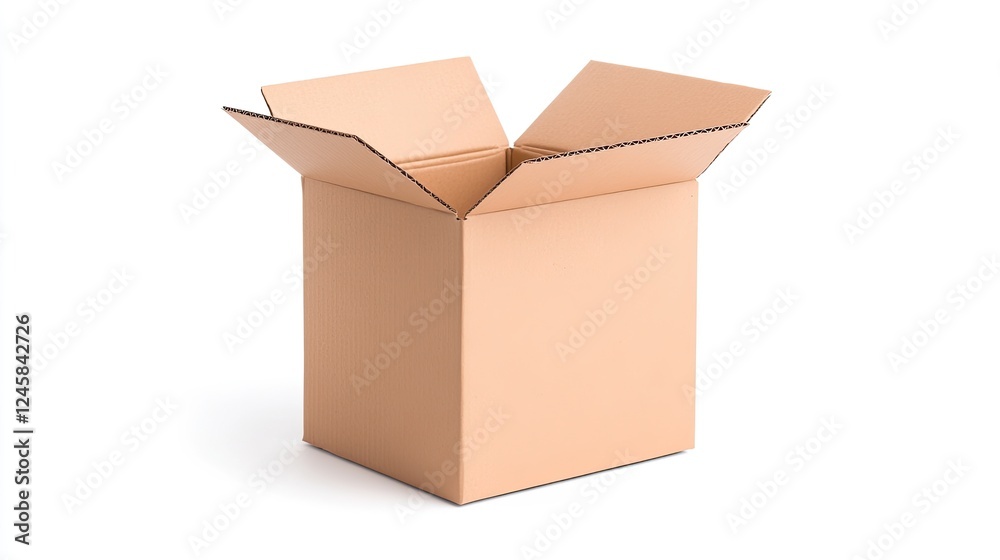 Empty cardboard box with flaps open, isolated on a white background, ideal for packaging concepts