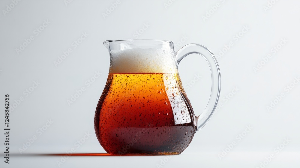 A jug of beer with a rich, dark amber color, isolated on a simple white background, with the foam just starting to settle A jug of beer with a rich, dark amber color, isolated on a simple white background, with the foam just starting to settle