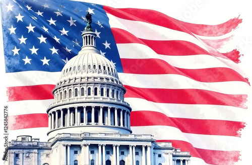 US Flag and Capitol. Washington D.C.