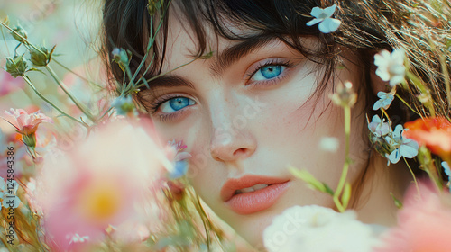 Woman dressed iin white with blue eyes. walking through a field of flowers. Dynamics. Cinematic, realistic, detailed. Vogue style. Bright, saturated colors. photo