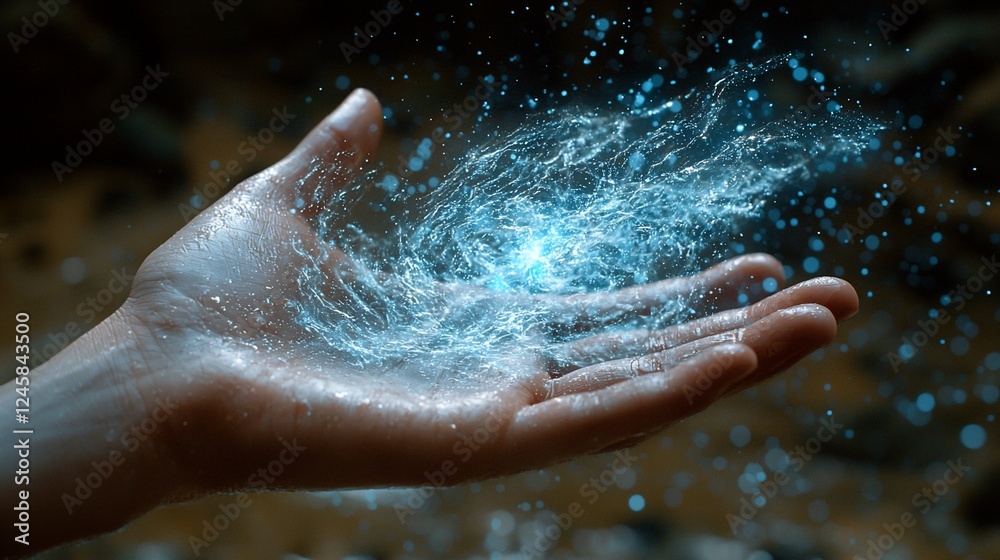 Fototapeta premium Hand holding glowing water, fantasy scene, magical power