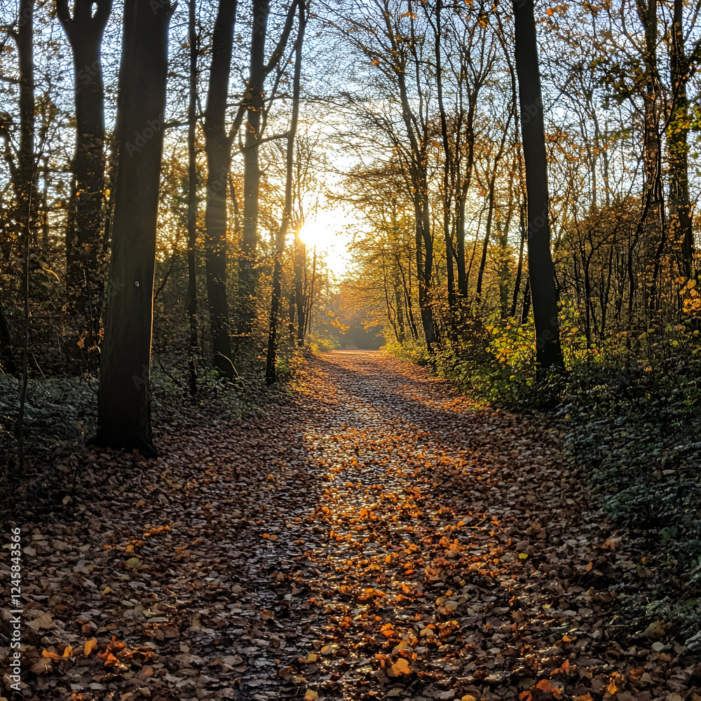 Golden Sunlight in the Forest: A captivating path winds through a sun-dappled forest, where the sun streams through the trees, highlighting the autumn leaves scattered on the ground. Golden Sunlight in the Forest: A captivating path winds through a sun-dappled forest, where the sun streams through the trees, highlighting the autumn leaves scattered on the ground.