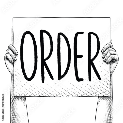 Hand raising a sign that says ORDER