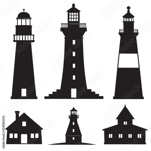 Different style lighthouse silhouettes set large pack of vector silhouette design 