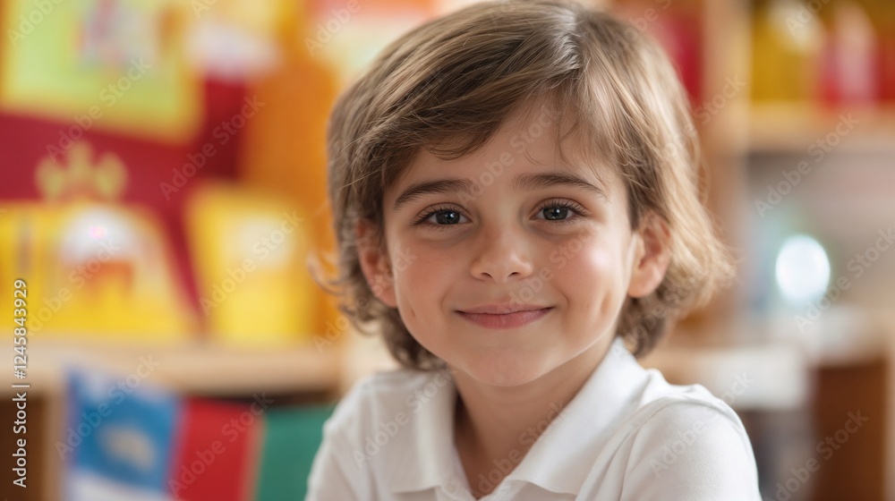 Elementary school student smiling in colorful classroom environment. Perfect for education, child development, and learning concepts Elementary school student smiling in colorful classroom environment. Perfect for education, child development, and learning concepts