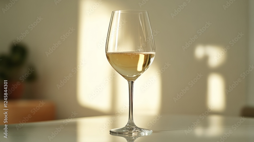 A minimalist setup with a glass of white wine placed on a plain white table, casting a subtle shadow A minimalist setup with a glass of white wine placed on a plain white table, casting a subtle shadow