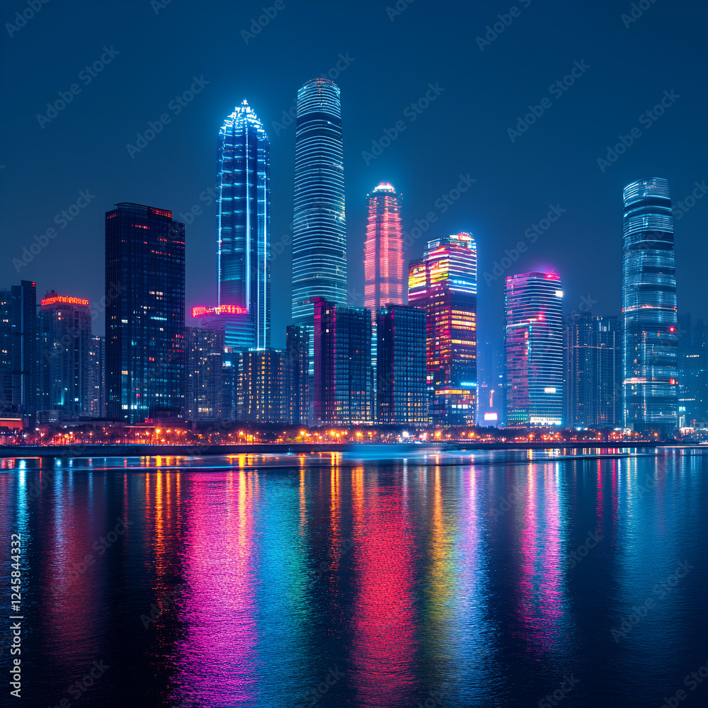 Obraz premium Cityscape Lights: A stunning cityscape sparkles at night, with skyscrapers, bridges, water reflecting lights in a mesmerizing urban panorama.