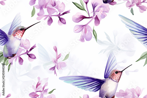 Watercolor Hummingbirds and Purple Flowers: A Delicate Floral Pattern