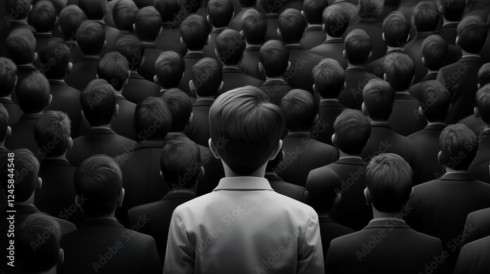 Obraz premium Black-and-white image of a person in a white shirt standing out among a crowd of identical individuals in black suits, concept of individuality, leadership, and contrast