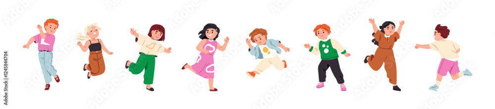 Happy active kids set. Funny excited children jumping, running, playing with energy. Cute girls and boys in dynamic poses, movements during fun. Flat vector illustrations isolated on white background Happy active kids set. Funny excited children jumping, running, playing with energy. Cute girls and boys in dynamic poses, movements during fun. Flat vector illustrations isolated on white background