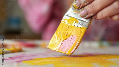 Close-up of paintbrush with yellow paint in creative process. Ideal for artistic workflow, creative expression, and art education