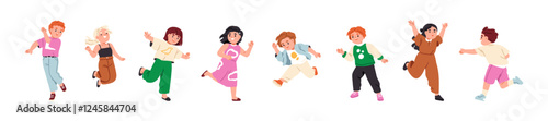 Happy active kids set. Funny excited children jumping, running, playing with energy. Cute girls and boys in dynamic poses, movements during fun. Flat vector illustrations isolated on white background