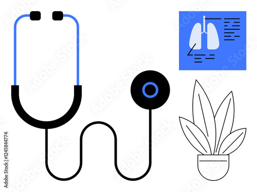 Stethoscope beside illustrated lung X-ray and potted plant. Ideal for medical care, wellness, health diagnosis, patient care, doctors office, respiratory health, hospital. Abstract line flat metaphor