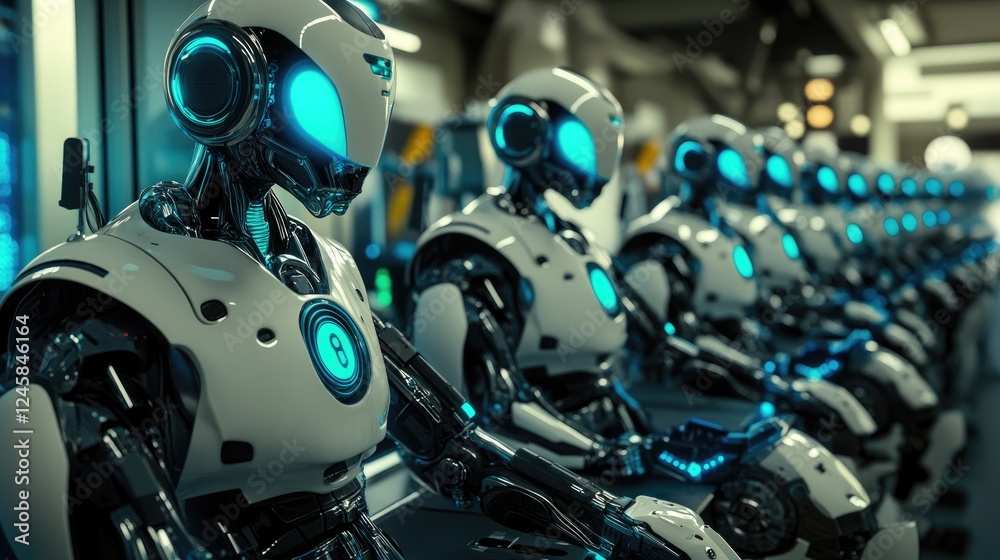 A high-tech robotic workstation featuring multiple robots under blue and green LED lights, emphasizing the technological advancements in modern automation. A high-tech robotic workstation featuring multiple robots under blue and green LED lights, emphasizing the technological advancements in modern automation.