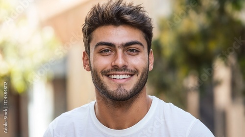 Young man with beard smiling in casual outdoor portrait. Perfect for authentic lifestyle, personal branding, and modern masculinity