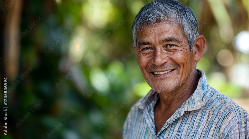 Senior Latino man smiling in natural setting. Ideal for active aging, cultural diversity, and genuine happiness Senior Latino man smiling in natural setting. Ideal for active aging, cultural diversity, and genuine happiness