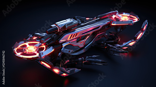 Futuristic spaceship design with red glowing lights, 3D rendering