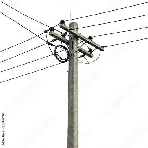 high voltage power lines on white sky background