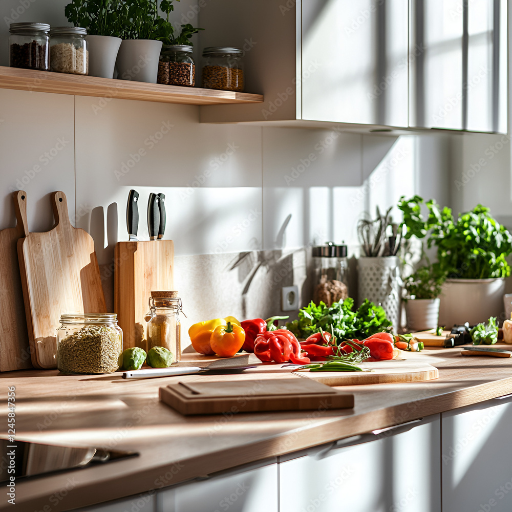 Culinary Haven: Sunlight streams into a modern kitchen, illuminating fresh produce, cutting boards, and various culinary tools, creating a warm and inviting atmosphere. Culinary Haven: Sunlight streams into a modern kitchen, illuminating fresh produce, cutting boards, and various culinary tools, creating a warm and inviting atmosphere.