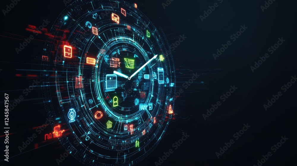 Fototapeta premium A holographic clock with various product icons as hours, visually representing the continuous cycle of consumerism fueling ongoing economic growth.