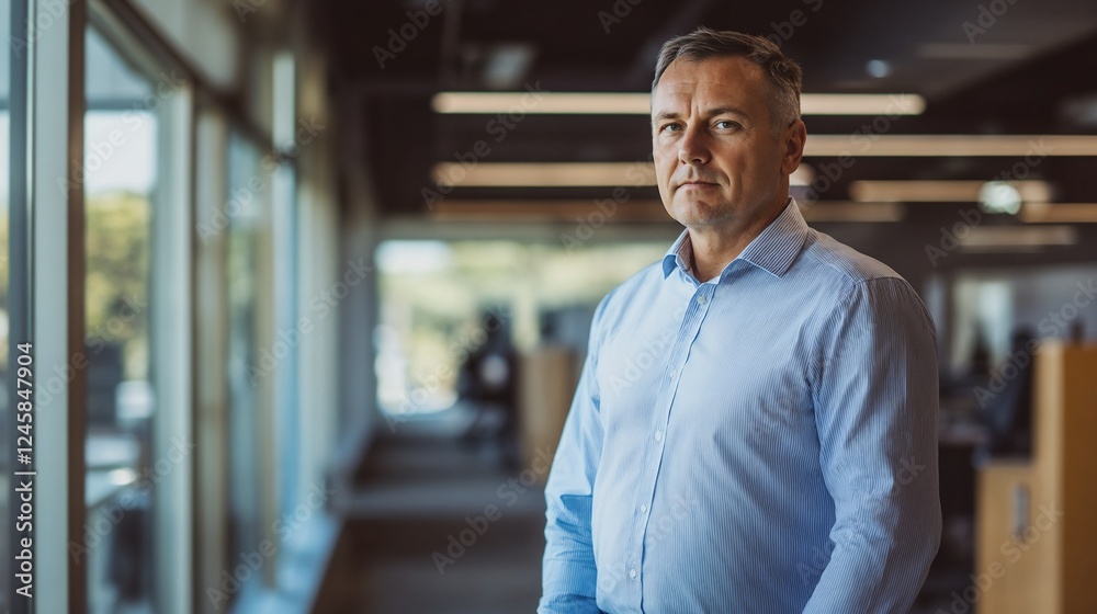 Fototapeta premium Middle-aged businessman in modern office corridor. Ideal for corporate leadership, professional success, and business expertise