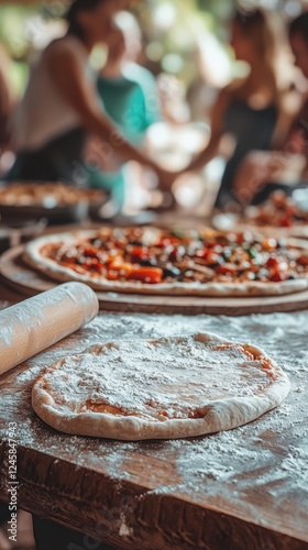 Handtossed pizza crust ready for toppings with friends photo