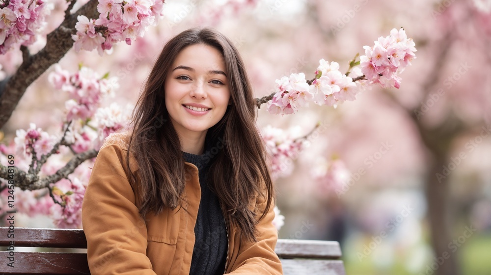 Young woman smiling near cherry blossoms. Perfect for spring portraits, natural beauty, and seasonal joy Young woman smiling near cherry blossoms. Perfect for spring portraits, natural beauty, and seasonal joy