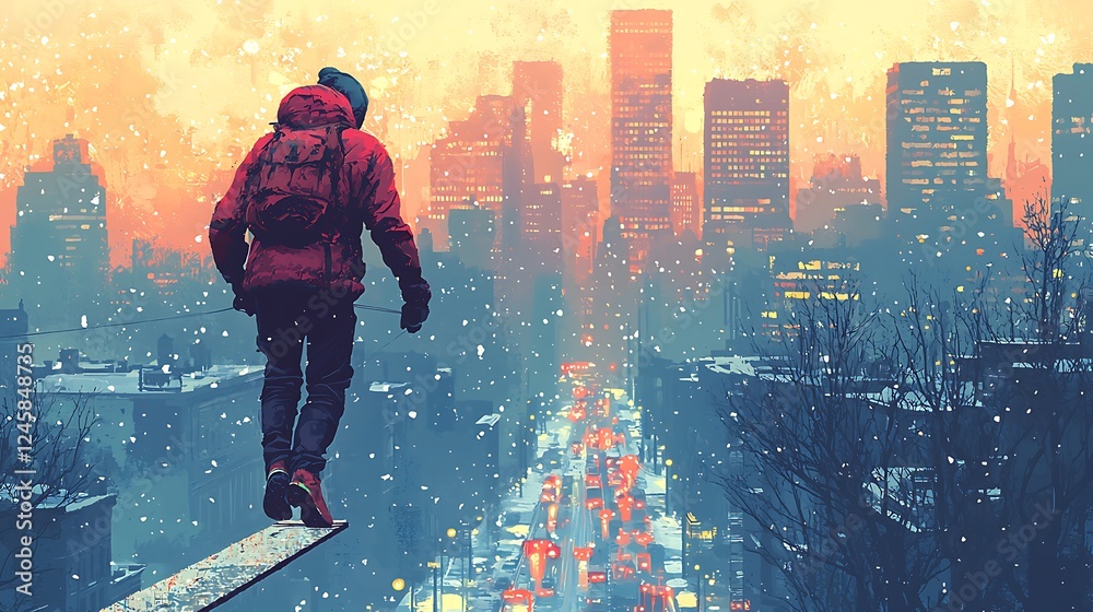 Fototapeta premium Solitary Figure Walking on a Snowy City Rooftop at Sunset.