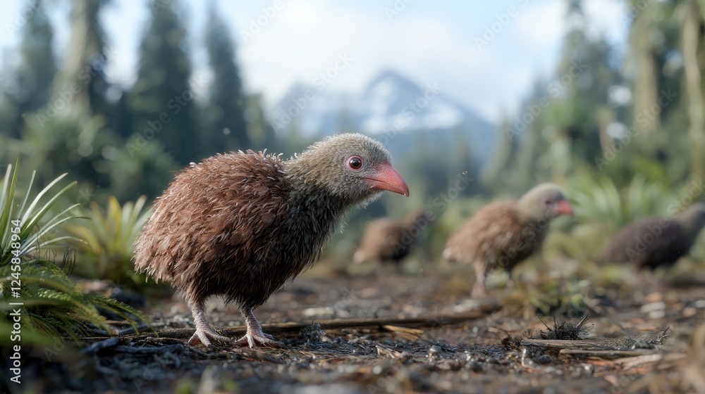 Cute baby kiwi birds in forest, mountains background, wildlife conservation Cute baby kiwi birds in forest, mountains background, wildlife conservation