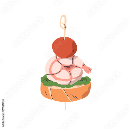 Canape, finger food appetizer with shrimp, cherry tomato and baguette slice on toothpick. Mini bite snack, cold starter, tapas on stick. Flat vector illustration isolated on white background