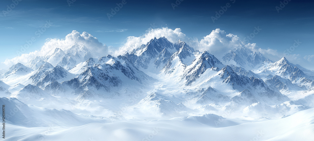 Fototapeta premium Expansive view of snow covered mountain range under clear blue sky, evoking serenity