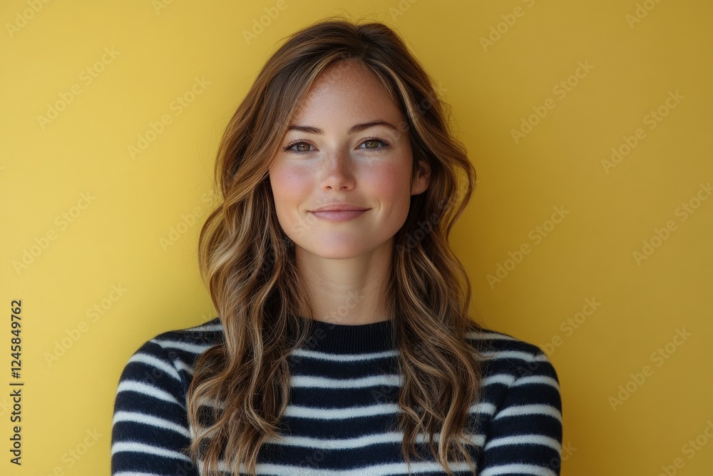 Smiling woman with wavy hair poses confidently in front of a yellow background wearing a striped sweater Smiling woman with wavy hair poses confidently in front of a yellow background wearing a striped sweater