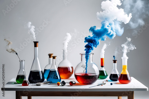 Smoking and burning bottles of chemical reagents in a chemical laboratory ,a white backgroud  laboratory setting where a beakers bubble    smoking on table 