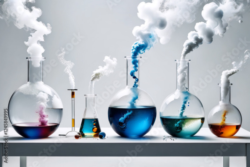 Smoking and burning bottles of chemical reagents in a chemical laboratory ,a white backgroud  laboratory setting where a beakers bubble    smoking on table 