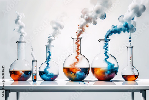 Smoking and burning bottles of chemical reagents in a chemical laboratory ,a white backgroud  laboratory setting where a beakers bubble    smoking on table 