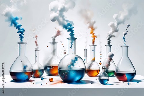 Smoking and burning bottles of chemical reagents in a chemical laboratory ,a white backgroud  laboratory setting where a beakers bubble    smoking on table 