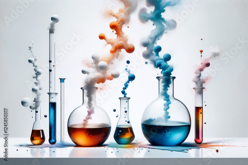 Smoking and burning bottles of chemical reagents in a chemical laboratory ,a white backgroud  laboratory setting where a beakers bubble    smoking on table 