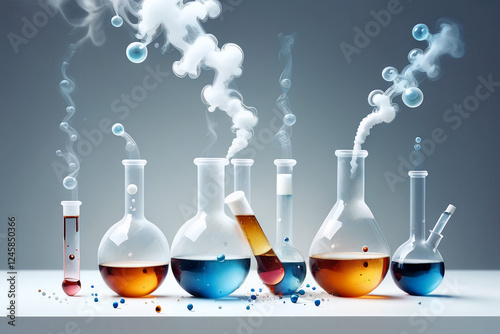 Smoking and burning bottles of chemical reagents in a chemical laboratory ,a white backgroud  laboratory setting where a beakers bubble    smoking on table 