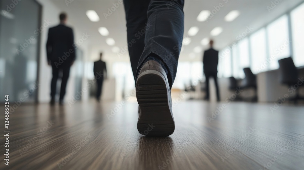 Fototapeta premium Businessman walking office corridor, colleagues blurred background, career progression