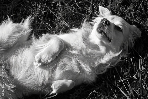 Playful dog enjoys a sunny day lying on grass while relaxing and soaking in the warmth photo