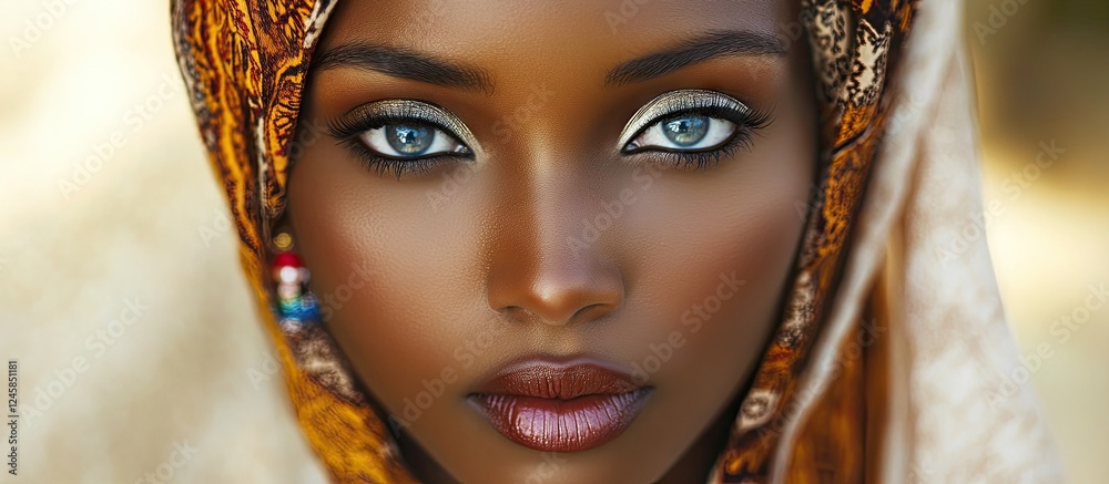 Elegant portrait of a beautiful woman in ornate traditional attire with a golden hijab and striking blue eyes set against a soft blurred background. Elegant portrait of a beautiful woman in ornate traditional attire with a golden hijab and striking blue eyes set against a soft blurred background.