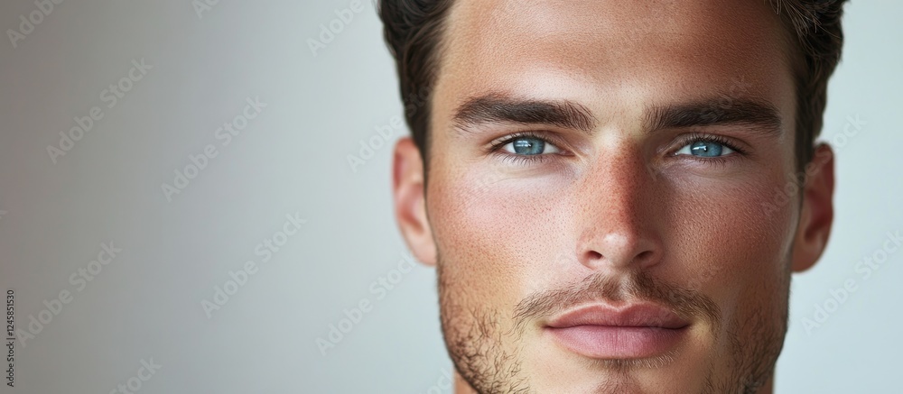 Naklejka premium Portrait of a young man with a clear complexion and blue eyes set against a soft gradient background highlighting health and beauty focus